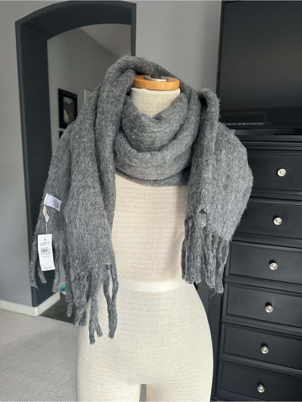 LOFT Gray Cozy Fringe Wrap Scarf